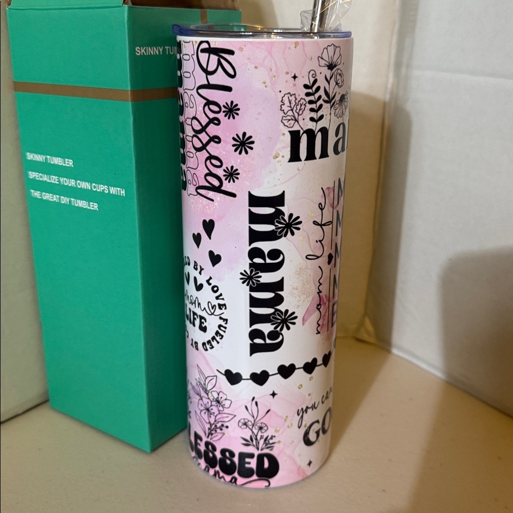 Pink Floral Mama Tumbler with Straw